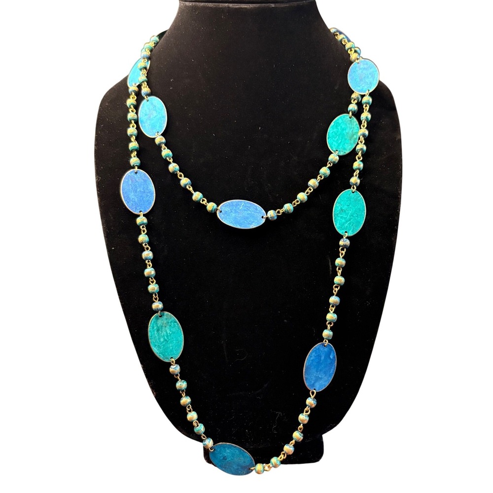 Vintage Boho Turquoise Blue Enamel Oval Disc‎ Long Beaded Station Necklace 52'